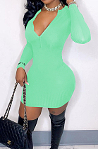 Light Green Ribber Square Neck Long Sleeve Embroidery Zipper Sexy Hip Dress HH8983-3