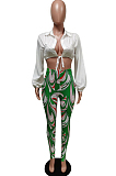 Green Fashion Lapel Neck Lantern Sleeve Tied  Crop Top High Waist Printing Pants F88380-3
