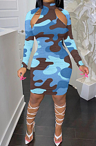 Sky Blue Camouflage Printing Half High Neck Long Sleeve Hollow Out Collcet Waist Hip Dress YMM9055-3
