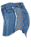 Light Blue Women High Elastic Sexy Low Waist Chain Jeans Shorts YYZ941