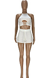 White Summer New Condole Belt Backless Eyelet Bandage Crop Top High Waist Shorts Solid Colur Two-Piece YT3287-1