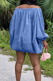 Blue Cute Solid Colur Lantern Sleeve A Word Shoulder Loose Mini Dress YT3286-2