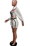 White New Digital Printing Long Sleeve Lapel Neck Single-Breasted Shirt Tied Romper Shorts F88379-3