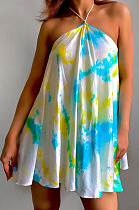 Cyan Sexy Halter Neck Backless Digital Tie Dye Printing Loose Swing Dress ZDD31157-3
