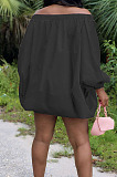 Black Cute Solid Colur Lantern Sleeve A Word Shoulder Loose Mini Dress YT3286-4