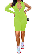 Light Green Euramerican Women Zipper Off Shoulder Single Sleeve Solid Color Romper Shorts AYQ0506-3