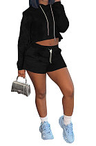 Black Women Pure Color Hat Long Sleeve Shorts Sets AYQ0419-1