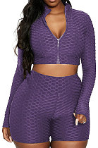Purple Euramerican Women Bodycon Pure Color Long Sleeve Casual Yoga Sport Shorts Sets SN390110-4