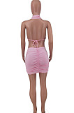 Pink Ruffle Beach Halter Neck Backless Bandage Crop Top Short Skirts Sexy Two-Piece ZDD31152-1