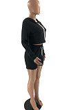 Black Women Pure Color Hat Long Sleeve Shorts Sets AYQ0419-1