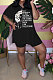 Black Fashion Printing Split Blouse Short Sleeve Casual Shorts Sets AYQ0509-2