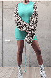 White Leopard Printing Spliced Round Collar Horn Sleeve Drawsting Sexy Hip Dress HMR6026-1