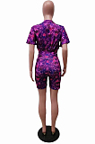 Purple Cute Stars Printing Collect Waist Round Neck Short Sleeve Tight Shorts Two-Piece HMR6020-1