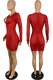 Red Autumn And Winter New Hollow Out Long Sleeve Zipper Pure Colur Hip Mini Dress E8609-1