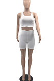 White Pure Color Tank Waist Bandage Hole Shorts Sets AYQ0508-1