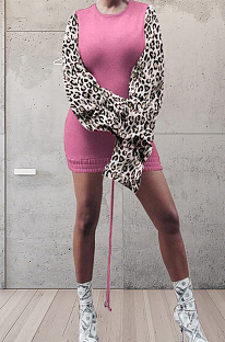 Rose Pink Leopard Printing Spliced Round Collar Horn Sleeve Drawsting Sexy Hip Dress HMR6026-2