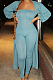 Blue Autumn And Winter Long Sleeve Coat Strapless Solid Colur Bodycon Jumpsuits Two Piece E8508-4