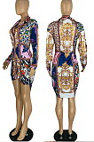 Colorful Positioning Print Long Sleeve Lapel Neck Single-Breaster Shirt Dress E8610-2