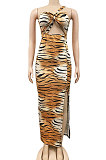 Brown Leopard Fashion Digital Printing Strapless Bandage Hollow Out Split Long Dress XZ5236-1