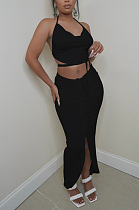 Black Sexy Solid Colur Halter Neck Backless Strapless Drawsting Slit Skirts Sets ZNN9093-4