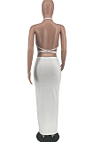 White Sexy Solid Colur Halter Neck Backless Strapless Drawsting Slit Skirts Sets ZNN9093-1