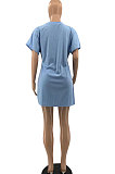 Light Blue Fashion Printing Split Blouse Short Sleeve Casual Shorts Sets AYQ0509-1