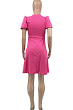 Rose Red Short Sleeve V Neck Bowknot Solid Color Swing Dress JC7064-2