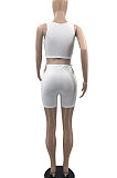 White Pure Color Tank Waist Bandage Hole Shorts Sets AYQ0508-1