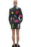 White Women Casual Printing Shirt Buttons Long Sleeve Skirts Sets MR2105-1