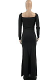 Black Elastic Solid Color Square Neck Long Sleeve Ruffle Bodycon Dress YYF8237-4