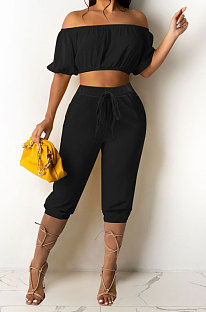 Black Euramerican Women Sexy Off Shoulder Dew Belly Blouse Pure Color Cropped Pants Sets AYQ0510-3