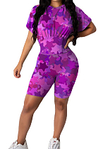 Purple Cute Stars Printing Collect Waist Round Neck Short Sleeve Tight Shorts Two-Piece HMR6020-1