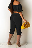 Black Euramerican Women Sexy Off Shoulder Dew Belly Blouse Pure Color Cropped Pants Sets AYQ0510-3