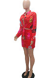 Red Women Casual Printing Shirt Buttons Long Sleeve Skirts Sets MR2105-2
