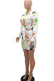 White Women Casual Printing Shirt Buttons Long Sleeve Skirts Sets MR2105-1