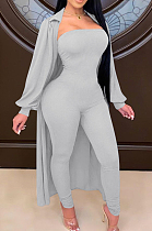 Grey Autumn And Winter Long Sleeve Coat Strapless Solid Colur Bodycon Jumpsuits Two Piece E8508-5