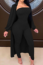 Black Autumn And Winter Long Sleeve Coat Strapless Solid Colur Bodycon Jumpsuits Two Piece E8508-2
