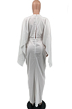 White Hollow Out  V Collar Batwing Sleeve Zipper Drawsting Dress JC7067-1