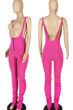 Pink Summer Cotton Blend Pure Color Tight Zipper Ruffle Suspender Trousers E8528-6