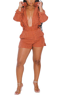 Orange Women Long Sleeve Strap Printing Shirt Shorts Sets AD0705-1