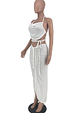 White Sexy Solid Colur Halter Neck Backless Strapless Drawsting Slit Skirts Sets ZNN9093-1