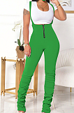 Fluorescent Summer Cotton Blend Pure Color Tight Zipper Ruffle Suspender Trousers E8528-3