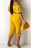 Red Euramerican Women Sexy Off Shoulder Dew Belly Blouse Pure Color Cropped Pants Sets AYQ0510-2