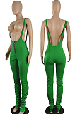 Green Summer Cotton Blend Pure Color Tight Zipper Ruffle Suspender Trousers E8528-5