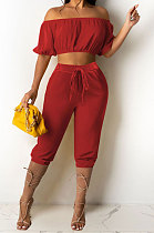 Red Euramerican Women Sexy Off Shoulder Dew Belly Blouse Pure Color Cropped Pants Sets AYQ0510-2