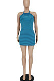 Blue Women Tight Hip Strap Condole Belt Off Shoulder Mini Dress YBS86717-5