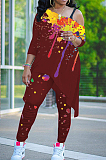Wine Red Splash-Ink Print Oblique Shoulder Long Sleeve Carrot Pants Sports Two-Piece LY049-3
