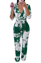 Green Women Printing With Waistband Long Sleeve Bodycon Casual Jumpsuits AD0706-3