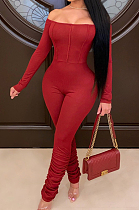 Wine Red Sexy Long Sleeve A Word Shoulder Solid Color Bodycon Jumpsuits E8511-2