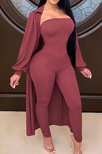 Wind Red Autumn And Winter Long Sleeve Coat Strapless Solid Colur Bodycon Jumpsuits Two Piece E8508-3